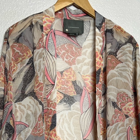Anthropologie Pink/Tan Floral Kimono 3/4 Sleeve One Size - Picture 5 of 11